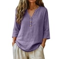 thumbnail image 1 of Womens Short Sleeve Tops Casual V Neck Button 3/4 Sleeve Linen Blouse Loose Fit Solid Color Tops for Summer, 1 of 6