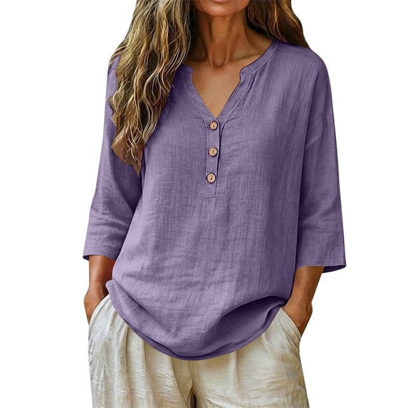 Womens Short Sleeve Tops Casual V Neck Button 3/4 Sleeve Linen Blouse Loose Fit Solid Color Tops for Summer