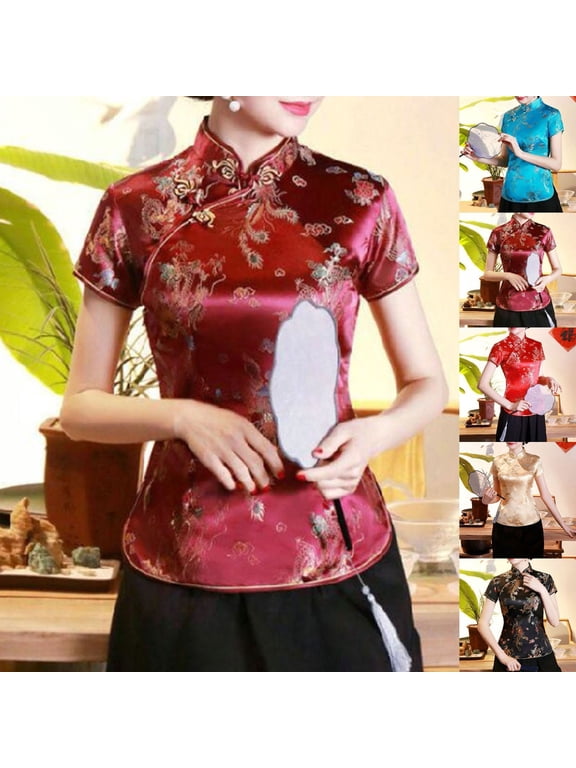 Womens Short Sleeve Tops Chinese Cheongsam Shirt Mandarin Collar Print Ethnic Blouse Traditional Casual Basic Tee S