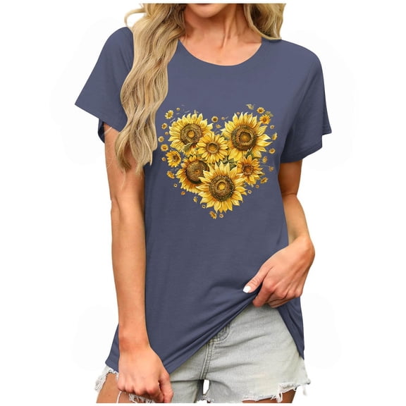 Womens Short Sleeve Tops Womens Oversized Tshirt Floral Print Graphic Tees Casual Crew Neck Summer Short Sleeve Loose Blouses Tops New H-Dark Blue S