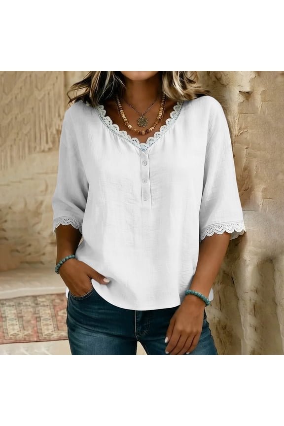 Womens Short Sleeve Tops Cotton Linen Shirts Loose Casual V Neck Lace Blouses Summer Vacation Clothes