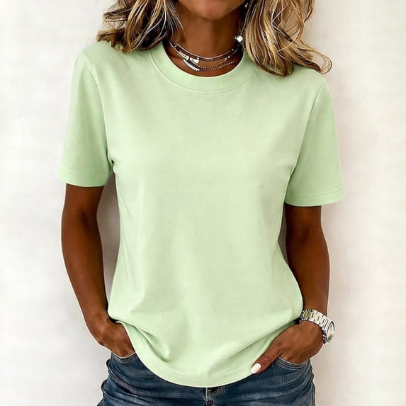 Womens Short Sleeve Tops Crewneck Shirts Basic Fit Tee Trendy 2026 Spring Summer Business Casual T-Shirts Light Green L
