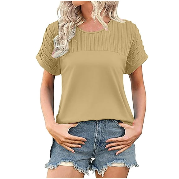Womens Short Sleeve Tops Dressy Casual Blouse Short Pleated Short Sleeve Round Neck Cotton Shirts Summer Clothes Breathable Basic Loose Pullover Top
