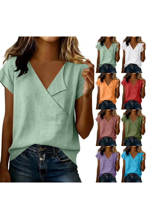 Womens Short Sleeve Tops Dressy Casual Summer Shirts for Women V Neck Wrap Cute Front Vacation Loose Blouses by Yigetop Blue 2XL