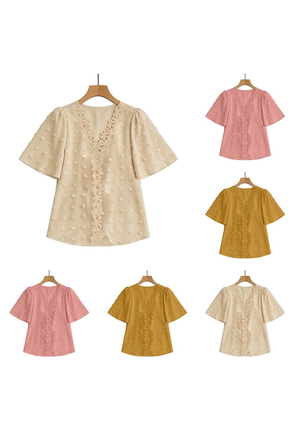 Womens Short Sleeve Tops Dressy Casual V Neck Elegant Lace Yoke Blouse For Plus Size Summer Tunic Shirt Summer Casual Cute T-Shirts S-XXL