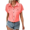 thumbnail image 1 of Womens Short Sleeve Tops, Dressy Pleated Lapel Shirts for Women Casual 2026 Summer Button Down Blouse Lightweight Loose Short Sleeve Tunic Tops, 1 of 7