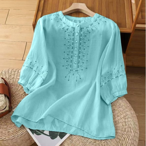 Womens Short Sleeve Tops Embroidered Tops for Women Cotton Linen Tshirt Tee Women 3/4 Sleeve V Neck Button Ethnic Tops for Women