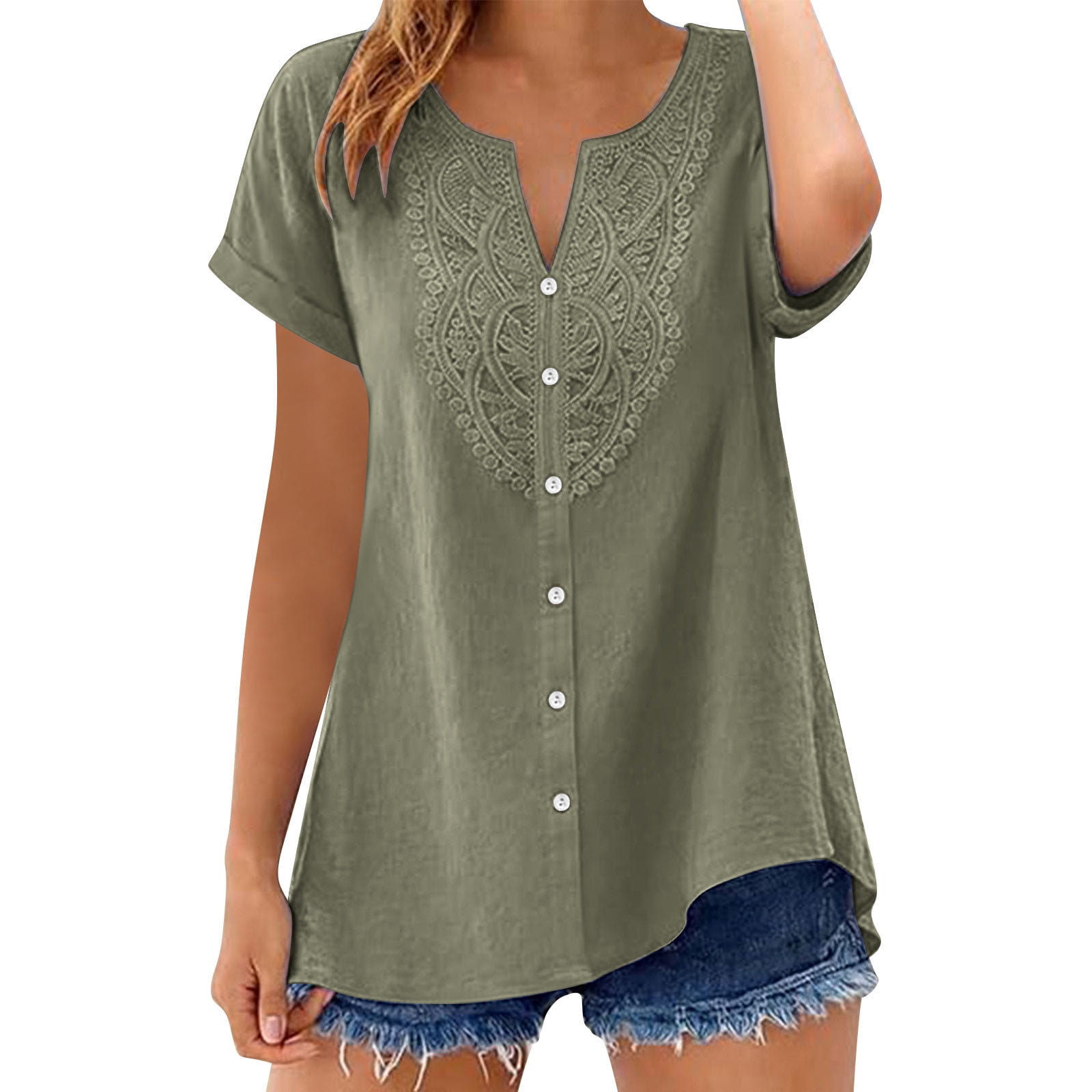 Womens Short Sleeve Tops Embroidery Cotton Linen Shirts Loose Casual V ...