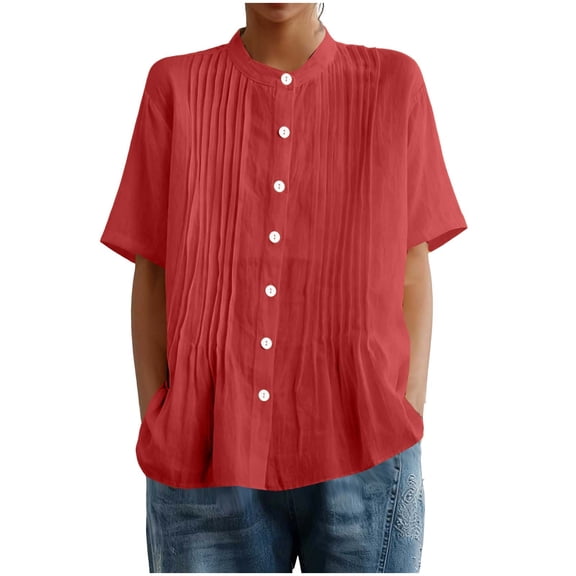 Womens Short Sleeve Tops Fashion Short Sleeved Round Neck Linen Button Cardigan Solid Color Pleated Top T-Shirts