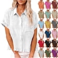 thumbnail image 1 of Womens Short Sleeve Tops Fashion Spring Clothing Fabric Solid Color Front Pocket Hem Fringe Short Sleeve Flared Collar Top, 1 of 9