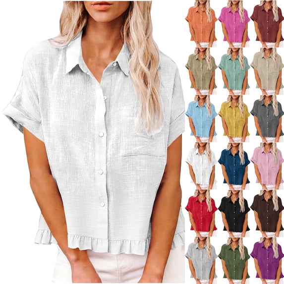 Womens Short Sleeve Tops Fashion Spring Clothing Fabric Solid Color Front Pocket Hem Fringe Short Sleeve Flared Collar Top