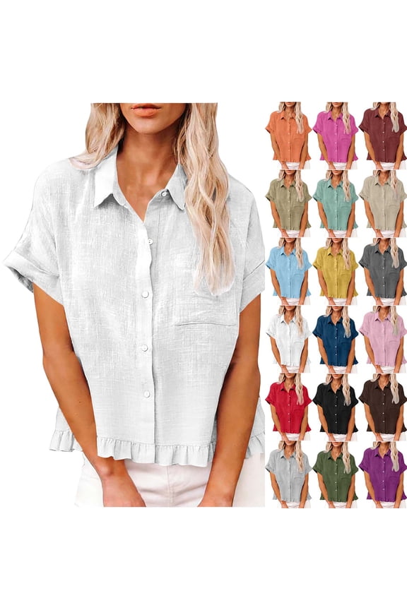 Womens Short Sleeve Tops Fashion Spring Clothing Fabric Solid Color Front Pocket Hem Fringe Short Sleeve Flared Collar Top
