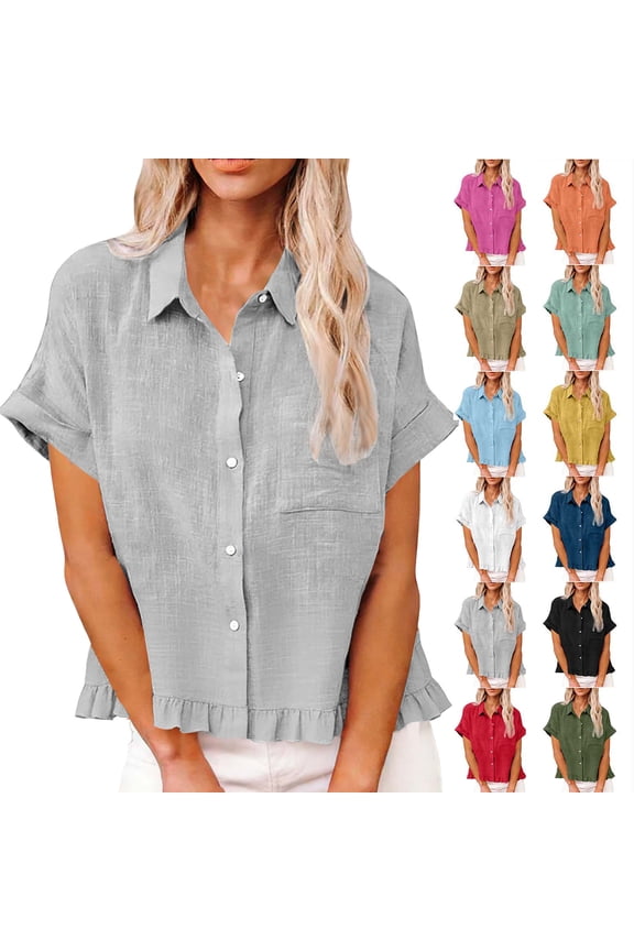 Womens Short Sleeve Tops Fashion Spring Clothing Fabric Solid Color Front Pocket Hem Fringe Short Sleeve Flared Collar Top