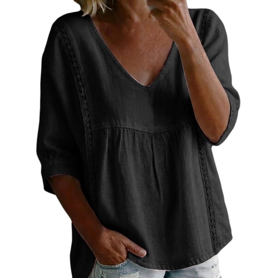 Womens Short Sleeve Tops Lace Trim V Neck Pleated 3/4 Sleeve Peplum Blouse Summer Tops Short for Women