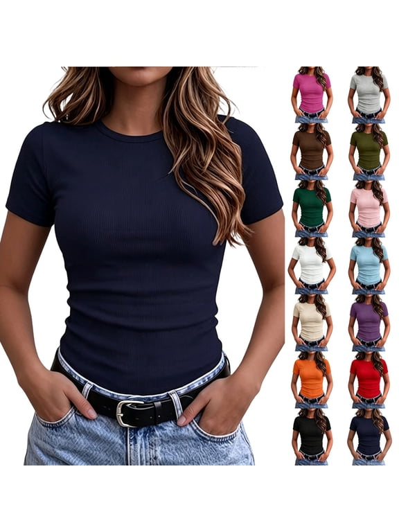 Womens Short Sleeve Tops Lady's Crew Neck Ribbed Knitted Fitted Formal Casual Basic T Shirt Casual Basic Tee L
