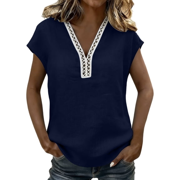 Womens Short Sleeve Tops New Women's Linen V Neck T-Shirt, Lace Patchwork Pullover Cop Sleeve Tops, Summer Lightweight Loose Fits Casual Tops