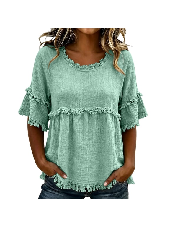 Womens Short Sleeve Tops Round Neck Fringe Decor Loose Fashion Short Sleeve Blouse Matching Separates