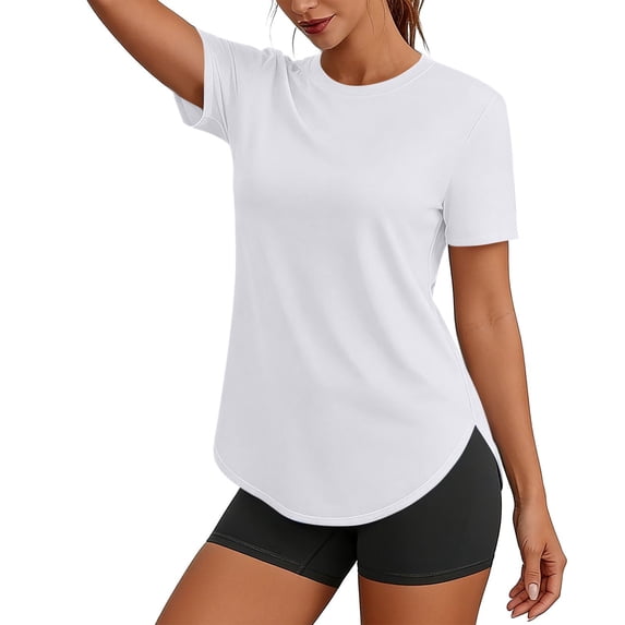 Womens Short Sleeve Tops Round Neck Solid Color Athletic T Shirt Casual Summer Work Soft Basic Tees for Ladies Lightweight T-Shirts