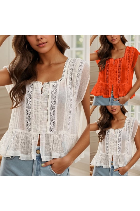 Womens Short Sleeve Tops Ruffle Bow Tie Peplum Tops Boho Sheer Flowy Blouse Lace Eyelet Frilly Top Shirt Basic Tees M