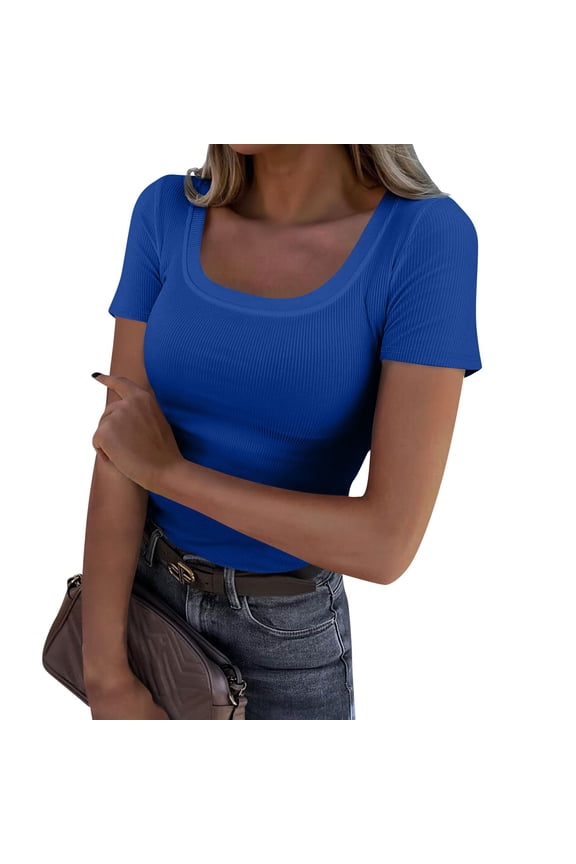 Womens Short Sleeve Tops Scoop Neck Ribbed Fitted Tight Shirts Casual Basic Tee Spring Clothes Trendy 2026 Blue S