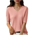 thumbnail image 1 of Womens Short Sleeve Tops Sevevn Women'S Solid Color V-Neck Five-Point Sleeve Casual Shirt Top, 1 of 2