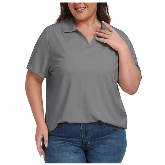 Womens Short Sleeve Tops Sevevn Women's Summer Plus Size Side Slit Solid Color Loose Casual Short Sleeve V-Neck Top