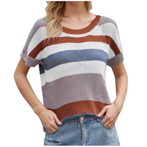 Womens Short Sleeve Tops, Short Sleeve Knit Tops for Women Striped Print Fashion Crew Neck Sweater Casual Loose Soft Comfy Pullover Shirts