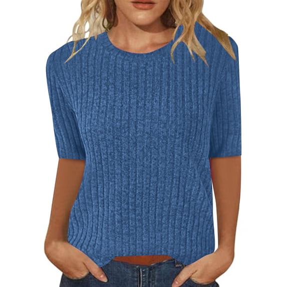 Womens Short Sleeve Tops Short Sleeve Sweater for Women Ribbed Crewneck Sweaters Summer Tops Soft Sweater Shirt Trendy Casual Pullover Tunics Tops for Women