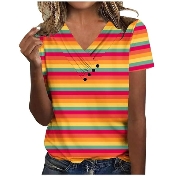 Womens Short Sleeve Tops Striped Print Casual Tee Shirt V Neck Rainbow Color Block Summer Tshirts (L, Orange)