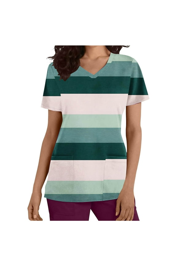 Womens Short Sleeve Tops, Striped Print T Shirts for Womens Colorblock Patched Pocket Sumemr Shirts Casual V Neck Short Sleeve Tops Loose Fit