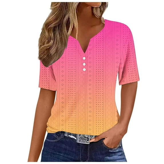 Diufon Womens Short Sleeve Tops Summer Casual Gradient Color Cut-outs Button V Neck Shirts Plus Size Loose Top