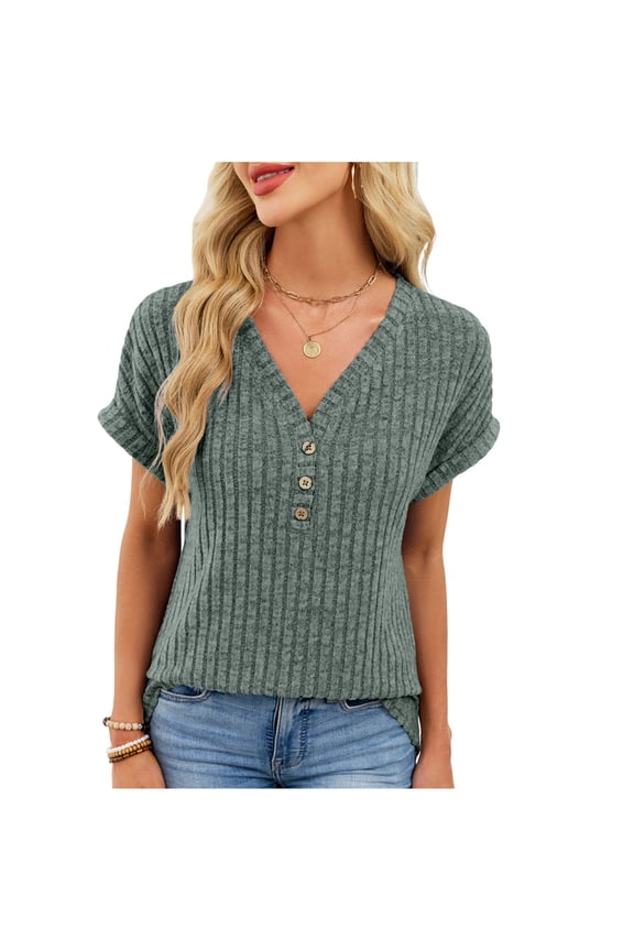 Womens Short Sleeve Tops Summer Casual Loose Blouses Ribbed Knit Button up V Neck T Shirts Ladies Elegant Tunic Tops Super Soft Lightweight Casual Tees Henley Shirts Holiday Summer Clothes