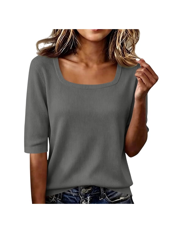 Womens Short Sleeve Tops Summer Square Neck Ribbed Knit T Shirt Slim Fitted Basic Tees Casual Dressy Tops