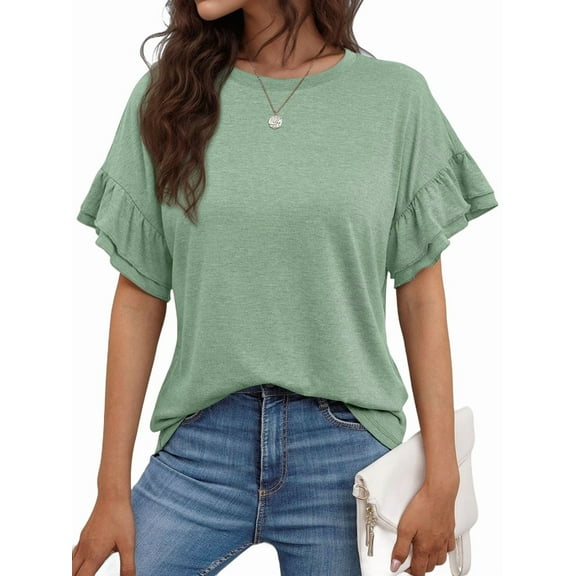 Womens Short Sleeve Tops Summer Tshirts Casual Ruffle Crewneck Fashion Blouse Bean green XXL