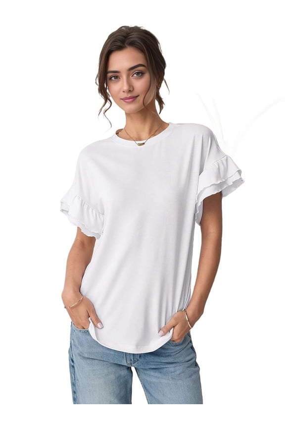 Womens Short Sleeve Tops Summer Tshirts Casual Ruffle Crewneck Fashion Blouse White XL
