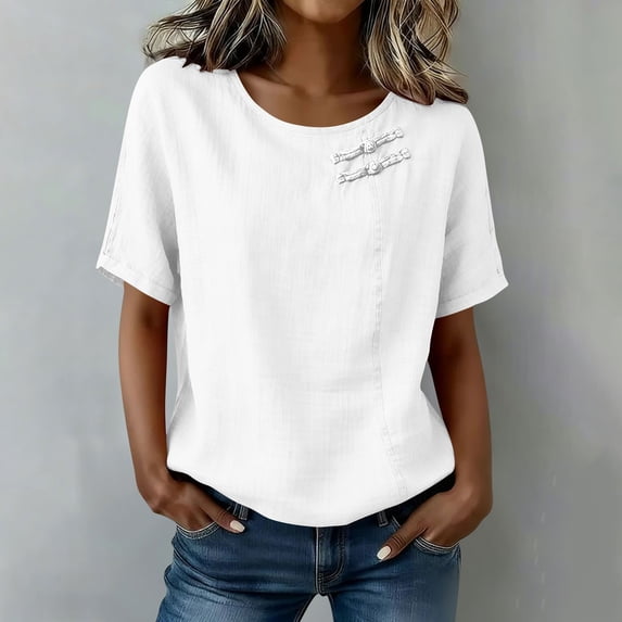 Womens Short Sleeve Tops Summer Tshirts Round Neck Casual Basic Tee Work 2026 Trendy Outfits with Decorative Buttons