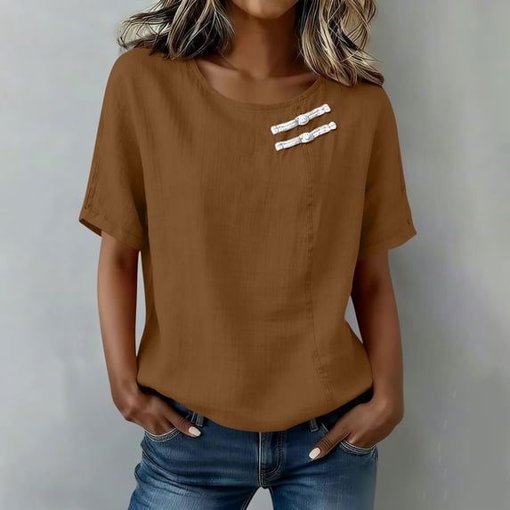 Womens Short Sleeve Tops Summer Tshirts Round Neck Casual Basic Tee Work 2026 Trendy Outfits with Decorative Buttons