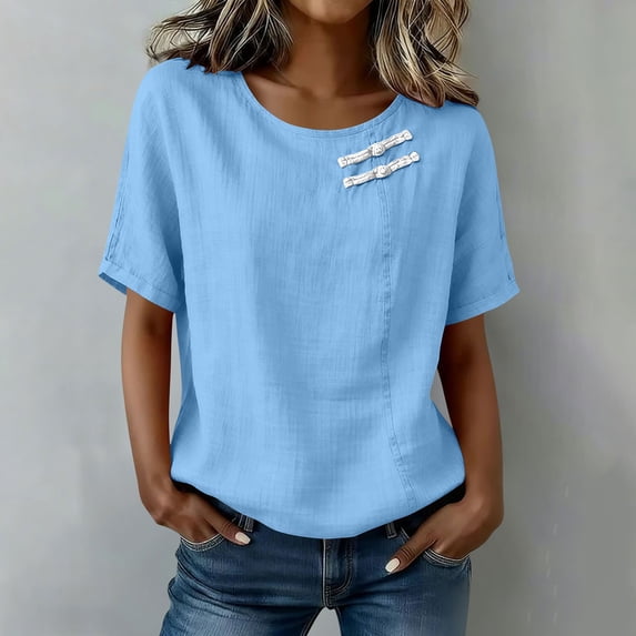 Womens Short Sleeve Tops Summer Tshirts Round Neck Casual Basic Tee Work 2026 Trendy Outfits with Decorative Buttons