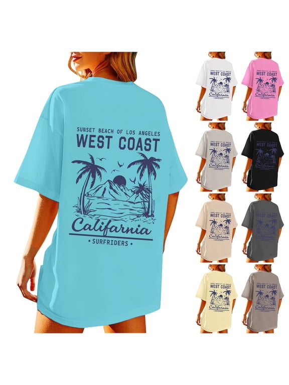 Womens Short Sleeve Tops T Shirt Beach Oversized Graphic Tees Baggy Aesthetic Shirts Tops Summer Tops XL