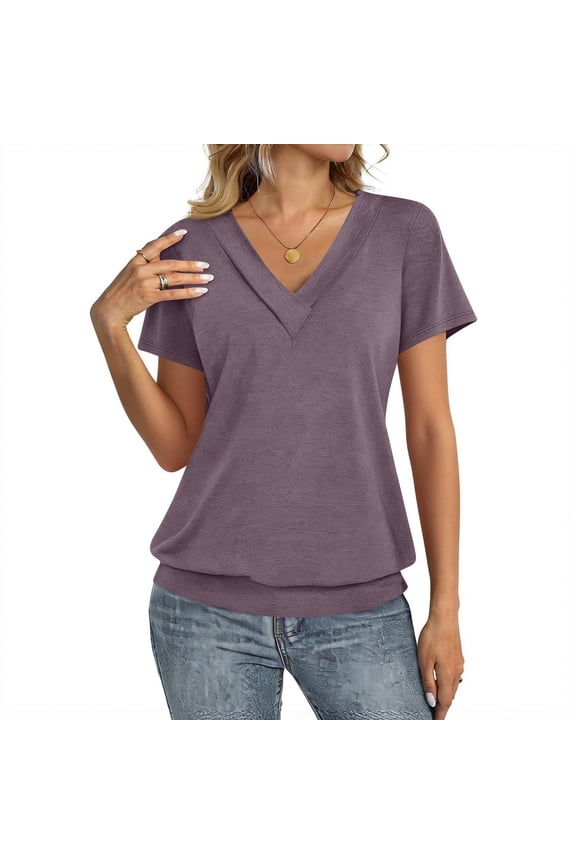 Womens Short Sleeve Tops V Neck Banded Bottom Summer T Shirt Casual Solid Color Basic Tees Light Purple 3XL