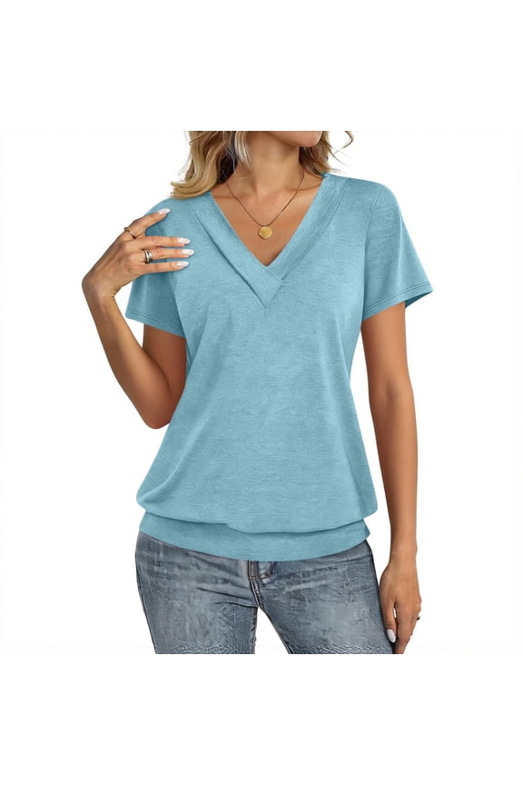 Womens Short Sleeve Tops V Neck Banded Bottom Summer T Shirt Casual Solid Color Basic Tees Sky Blue M