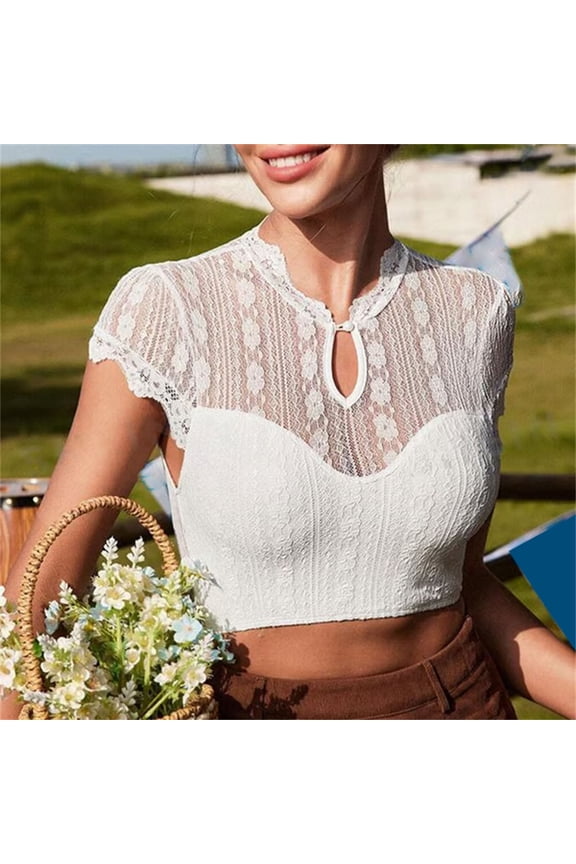 Womens Short Sleeve Tops Women Dirndl Blouse Dirndl Shirt German Traditional White Crop Top Lace Half Sleeve Shirt Tops for Women