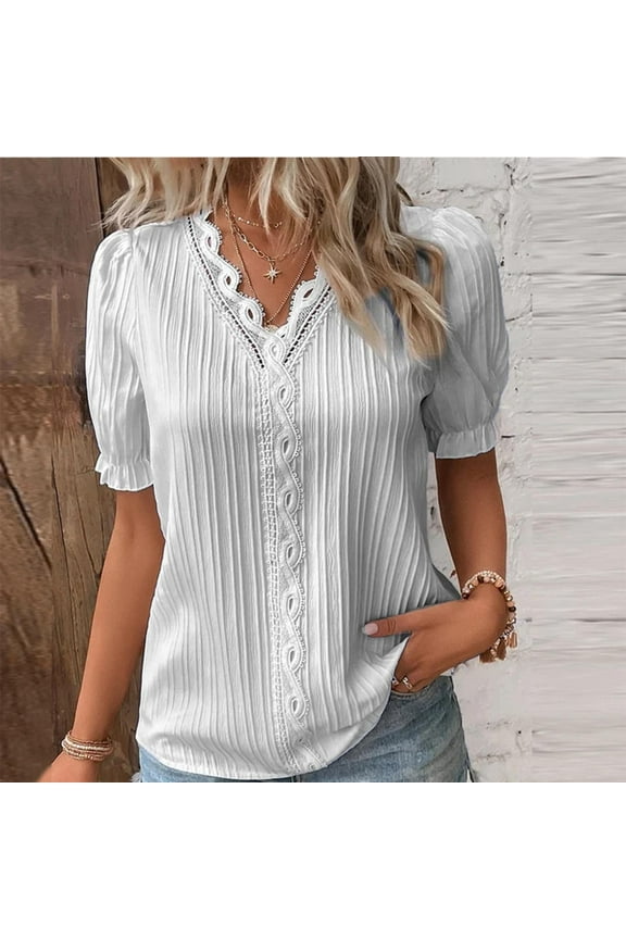 Womens Short Sleeve Tops Women Summer Lace V Neck Plain Lace Elegant Shirt Fashion Solid Color Elegant Blouse Short Sleeve Comfy Soft Tee Tops for Women