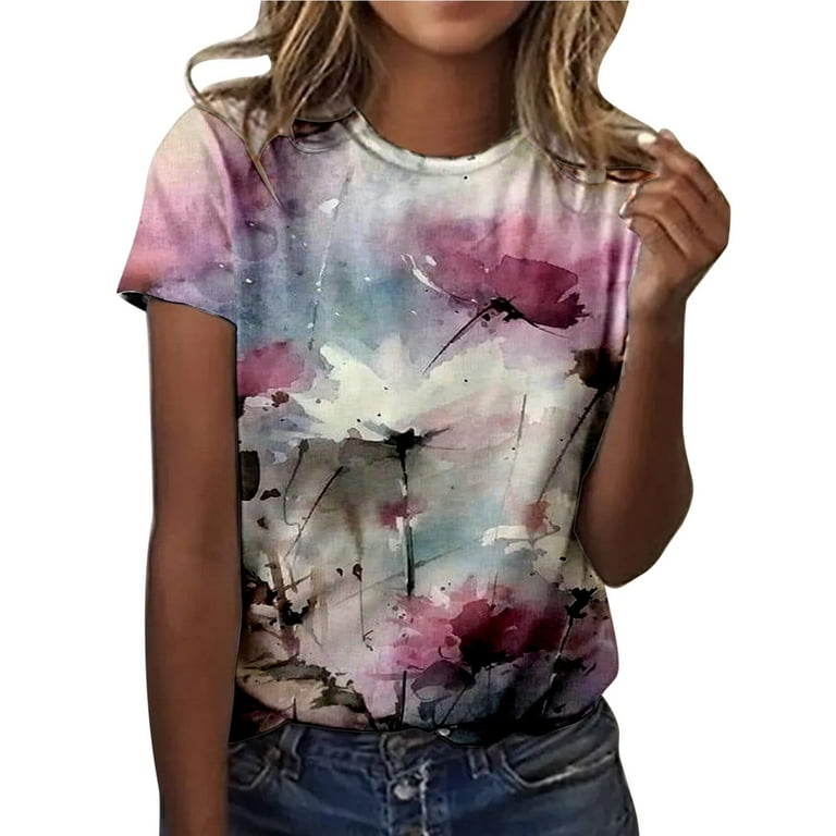 Womens Short Sleeve Tops, Women Summer Vintage Floral Tops Elegant Graphic  Loose Tunic Tees O-Neck Casual T-Shirts