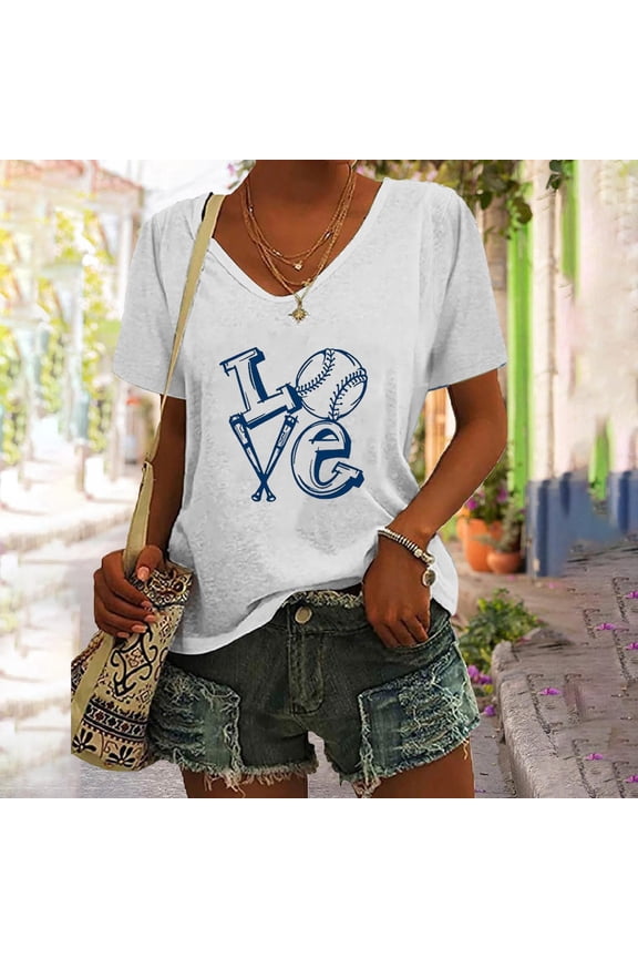 Womens Short Sleeve Tops Women's Baseball Festival Solid Color Baseball Printed V Neck Short Sleeved Tops for Women