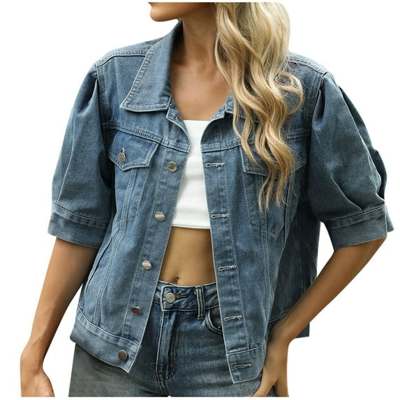 Womens Short Sleeve Tops, Women's Jean Jacket, Stretch Soft Denim Jacket for Women, Lightweight Fitted Ladies Jean Trucker Coats
