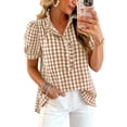 thumbnail image 1 of Womens Short Sleeve Tops Women's Ruffled Blouse Puff Sleeve V Neck Button Front Plaid Shirt, 1 of 6