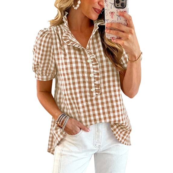 Womens Short Sleeve Tops Women's Ruffled Blouse Puff Sleeve V Neck Button Front Plaid Shirt