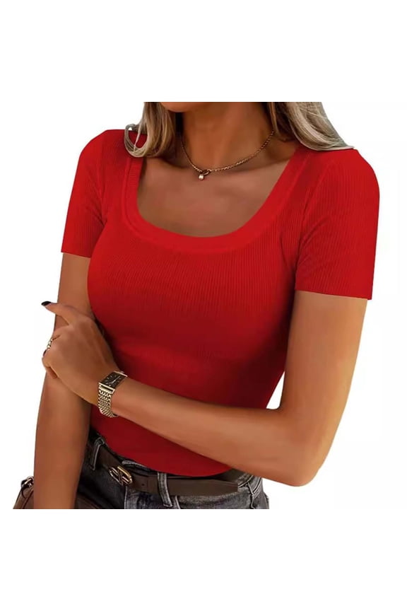 Womens Short Sleeve Tops Women's Short Sleeve Scoop Neck Ribbed Knit Fitted Casual Tops Tee Summer Slim Basic Shirts Tops for Women
