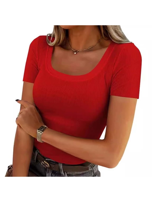 Womens Short Sleeve Tops Women's Short Sleeve Scoop Neck Ribbed Knit Fitted Casual Tops Tee Summer Slim Basic Shirts Tops for Women